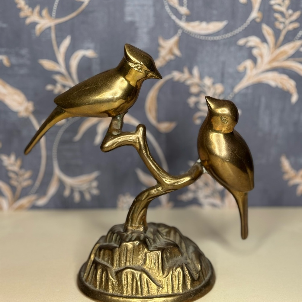Vintage Estate 1960s Mid Century Solid Brass Cardinal Birds Figurine on Branch
